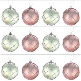 Набор шаров Алмазная сетка 8 см 12 шт розовый и серебро
