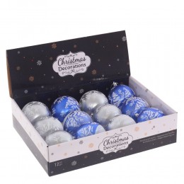 Набор шаров 8 см 12 шт синий и белый с росписью