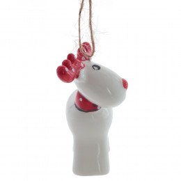Игрушка елочная Олень керамика 7,5 см белый с красным