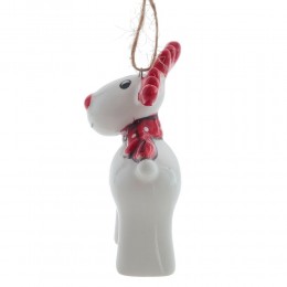 Игрушка елочная Олень керамика 7,5 см белый с красным