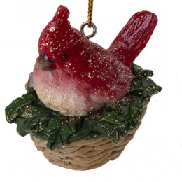 Игрушка елочная Птичка Кардинал в гнезде пластик 6 см