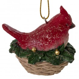 Игрушка елочная Птичка Кардинал в гнезде пластик 6 см