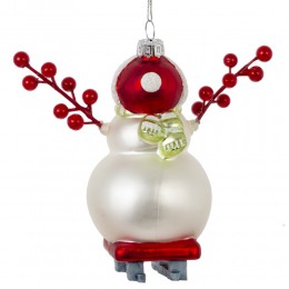 Игрушка елочная Снеговик на санках стекло 13 см