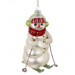 Игрушка елочная Снеговик на лыжах стекло 13,5 см