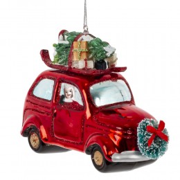Игрушка елочная Машина с елкой и подарками стекло 12,5 см